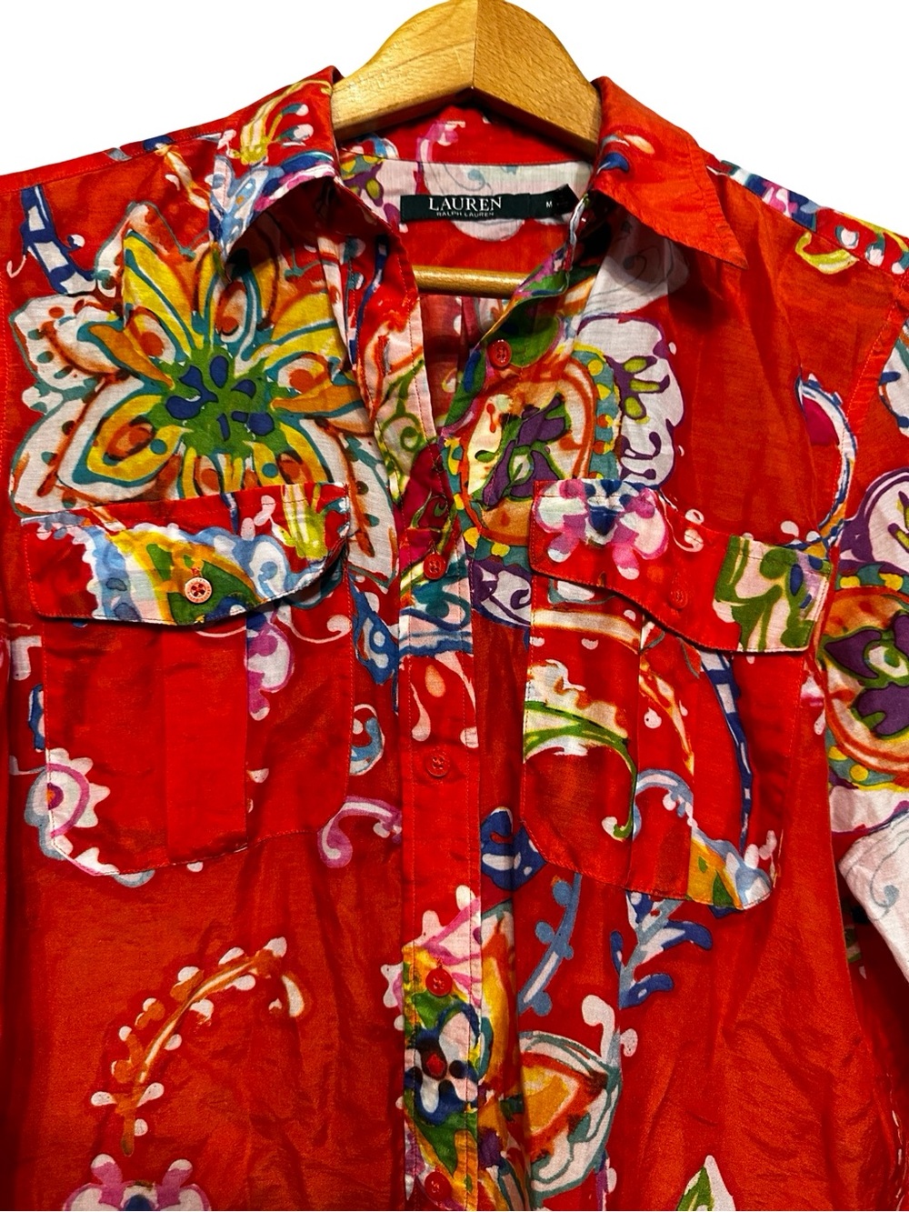Lauren Ralph Lauren Cotton-Silk Voile Shirt Size Medium Orange Multi Floral - Picture 3 of 12
